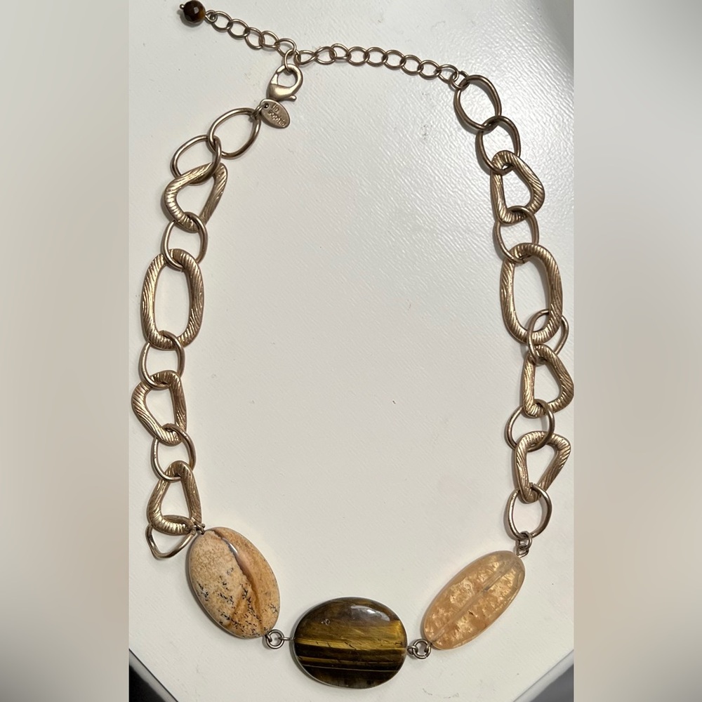 Lia Sophia Tigers Eye and Agate Necklace Gold Tone, EUC